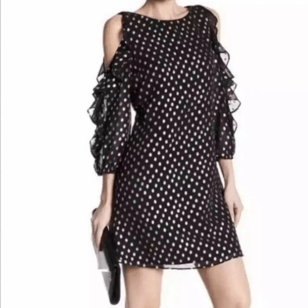 Eliza J Black Gold Polka Dot Sheath Dress with Ruffled Cold Shoulder Size 6